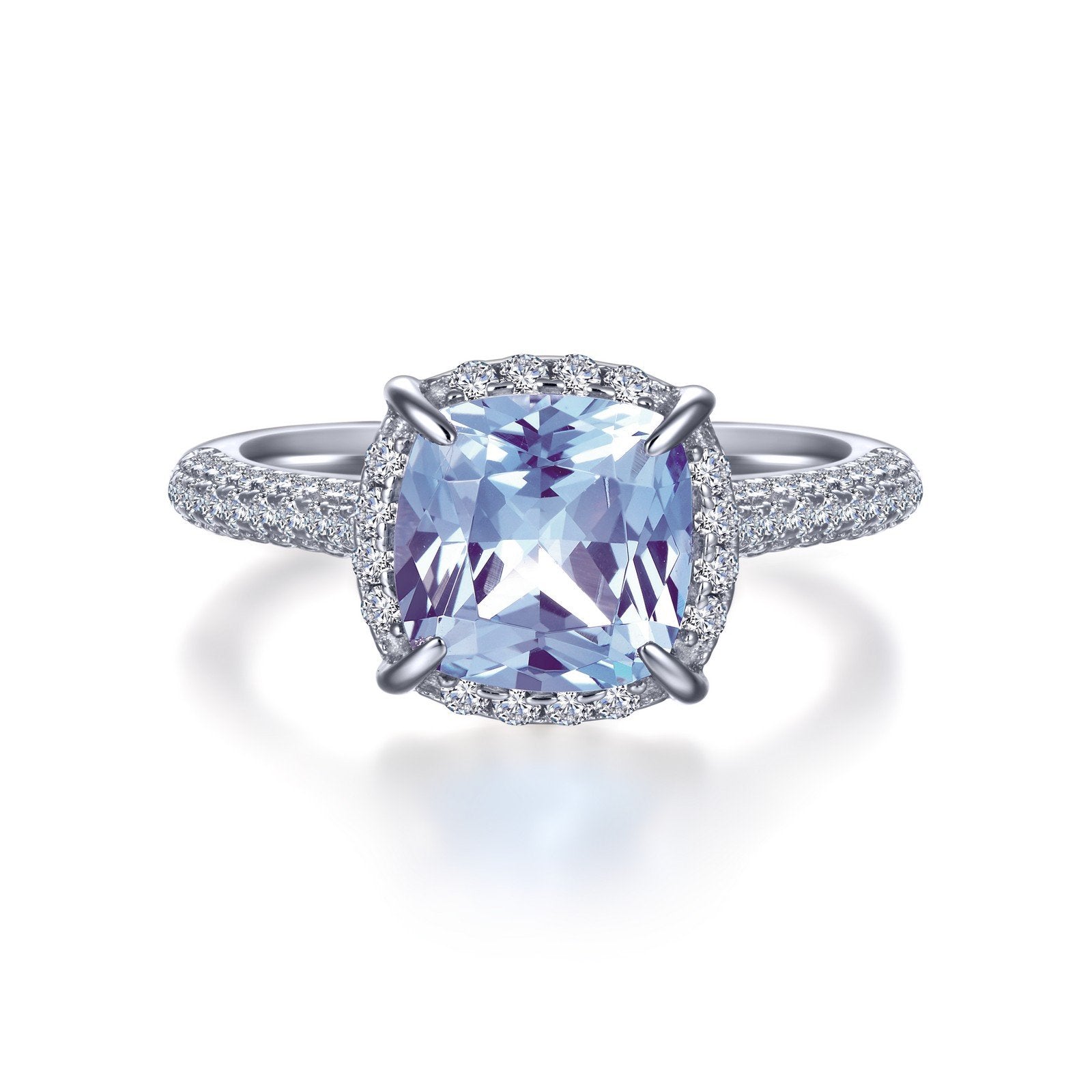 LaFonn Platinum Simulated Diamond and Aquamarine 8.50mm Cushion, Approx. 3.67 CTW RINGS Statement Halo Ring