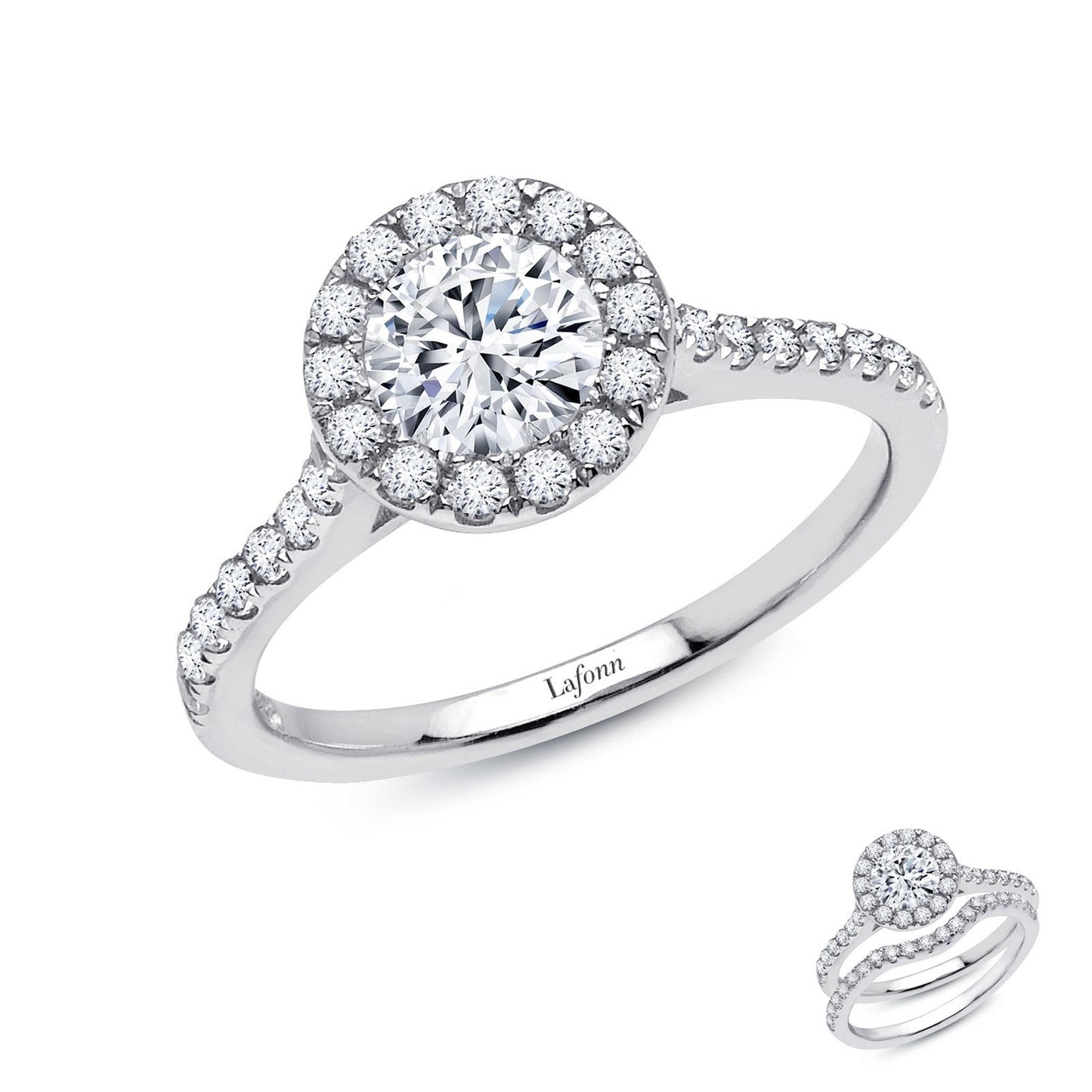 LaFonn Platinum Simulated Diamond  6.00mm Round, Approx. 0.84 CTW RINGS 1.2 CTW Halo Engagement Ring