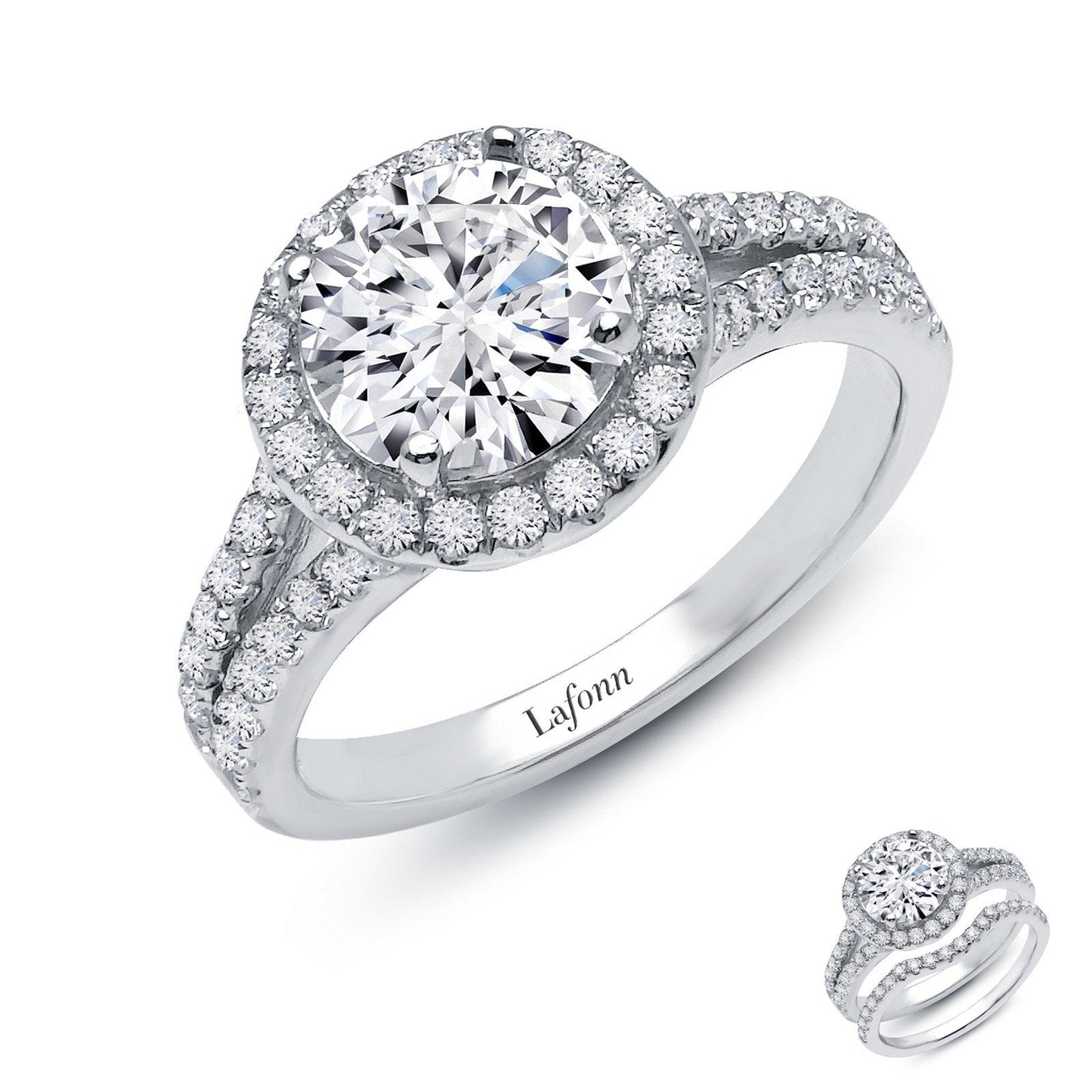 LaFonn Platinum Simulated Diamond  8.00mm Round, Approx. 2.04 CTW RINGS 2.82 CTW Halo Engagement Ring