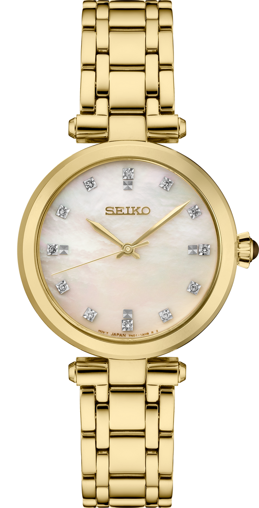 Seiko Women`s Diamonds Mop Dial Gold Tone Bracelet Watch SRZ536