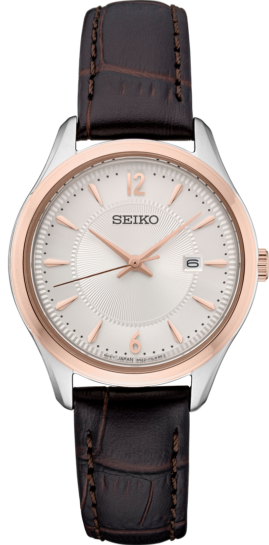 SEIKO Noble Quartz Silver Dial Brown Leather Ladies Watch SUR428