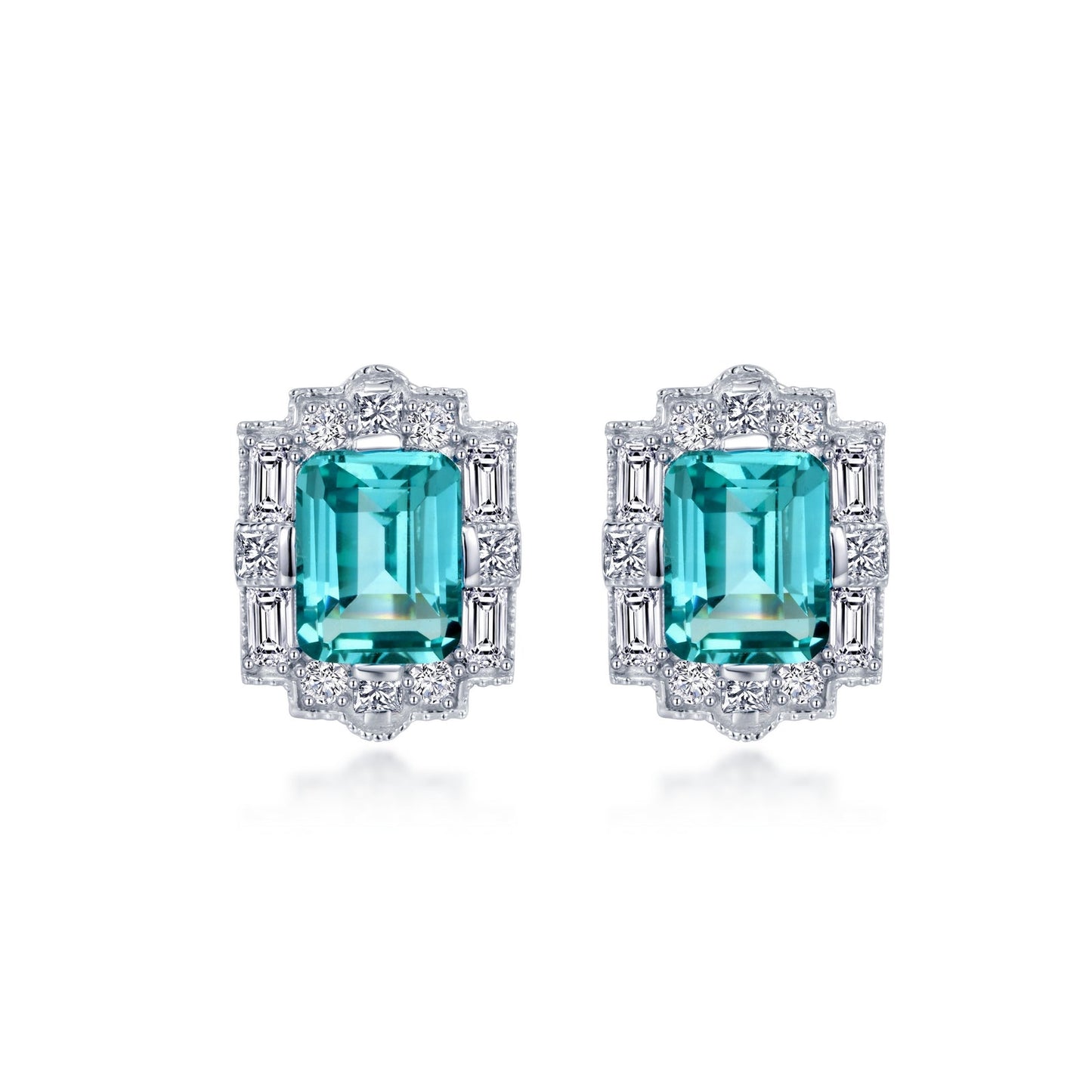 Load image into Gallery viewer, Lafonn Fancy Lab-Grown Sapphire Halo Stud Earrings GREEN CORUNDUM EARRINGS Platinum Appx CTW: 7.48 cts CTS Approx. 16mm (H) x 12mm (W)
