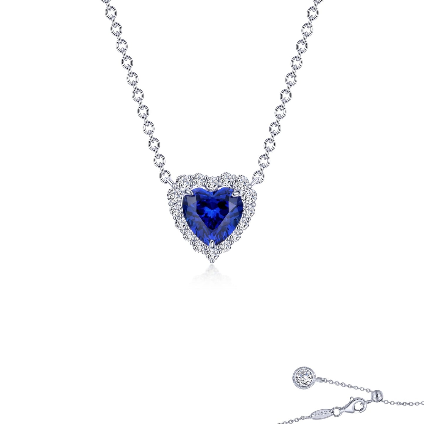 Lafonn Fancy Lab-Grown Sapphire Halo Heart Necklace Sapphire NECKLACES Platinum Appx CTW: 1.64 cts. CTS Approx. 10.5mm (H) x 10.5mm (W)