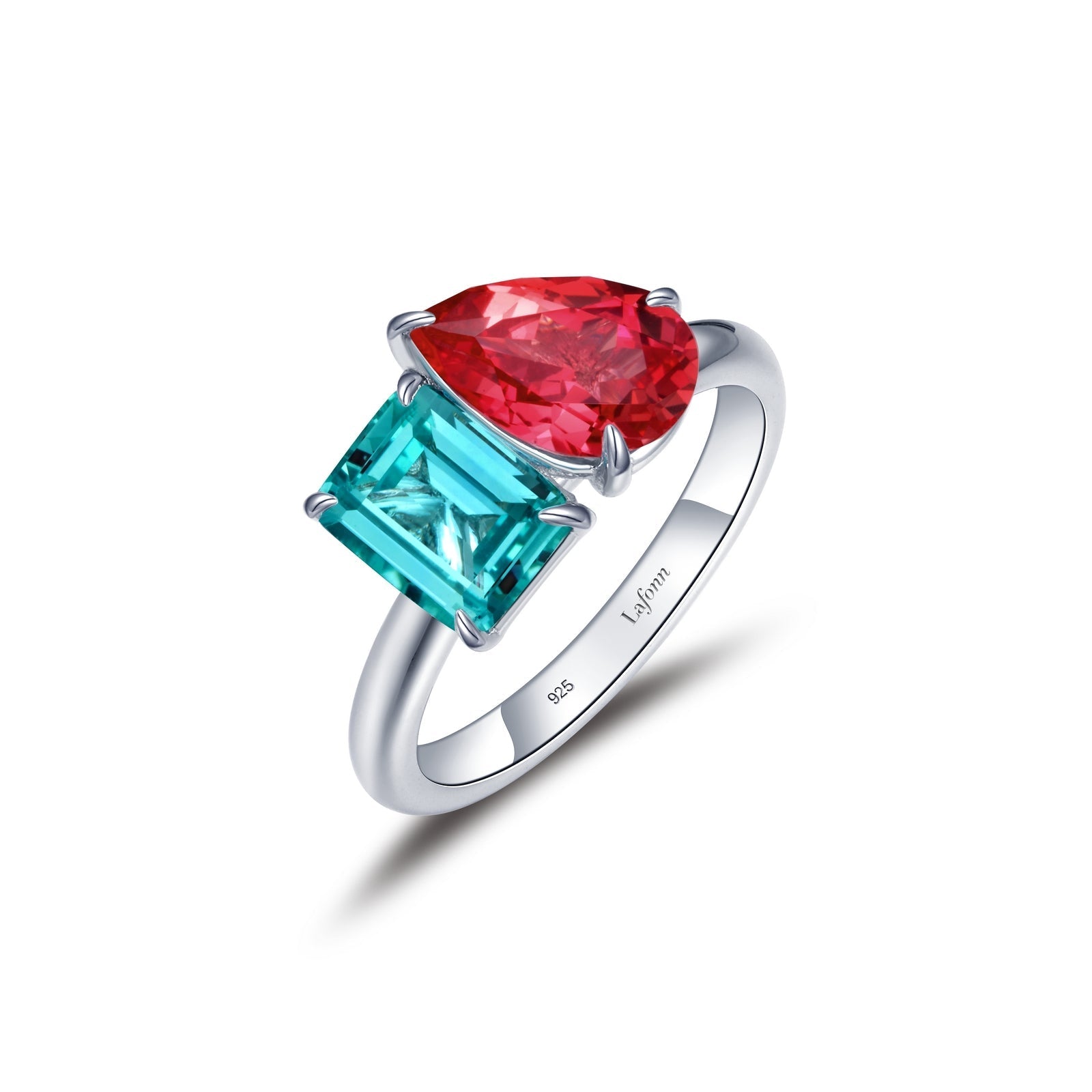 Lafonn Fancy Lab-Grown Sapphire Toi et Moi Ring RUBY/GREEN CORUNDUM RINGS Size 8 Platinum Appx CTW: 3.54 cts. CTS Approx. 10.0 mm (W)