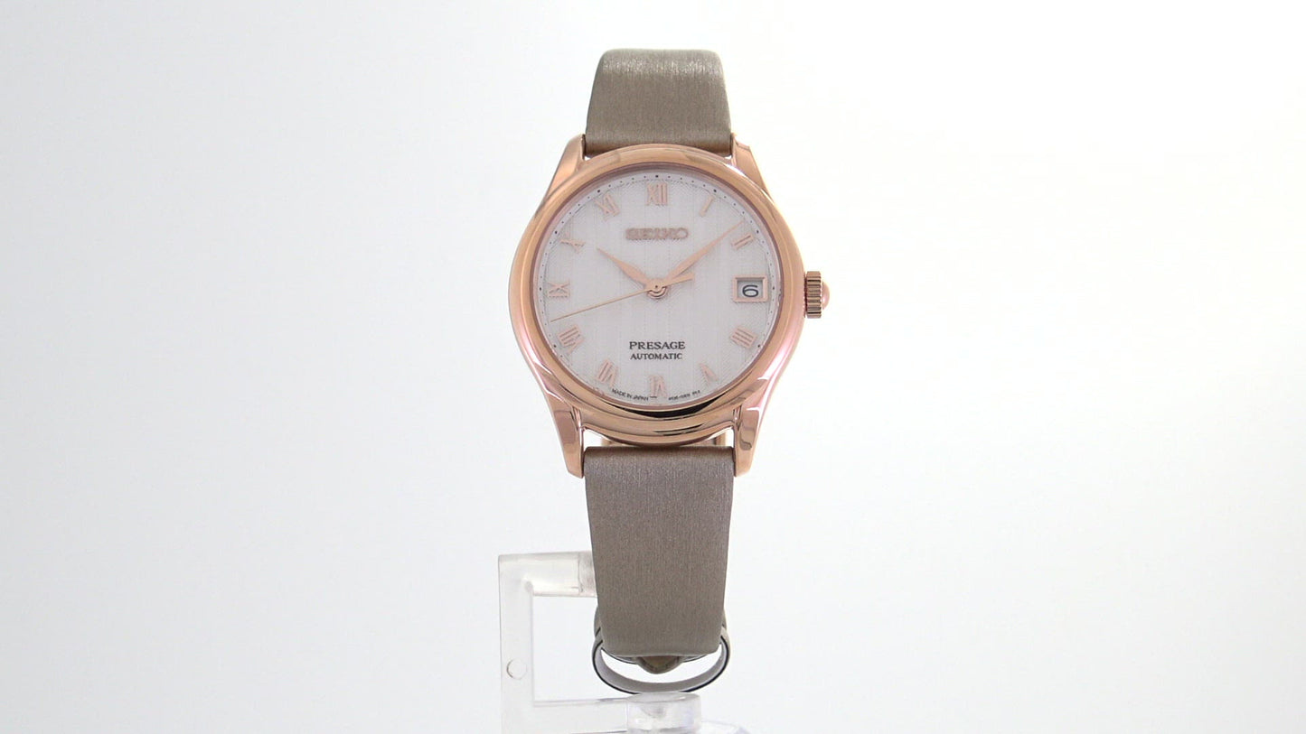 Load and play video in Gallery viewer, Seiko Presage Rose Gold-tone Leather Strap Women`s Watch SRPF50
