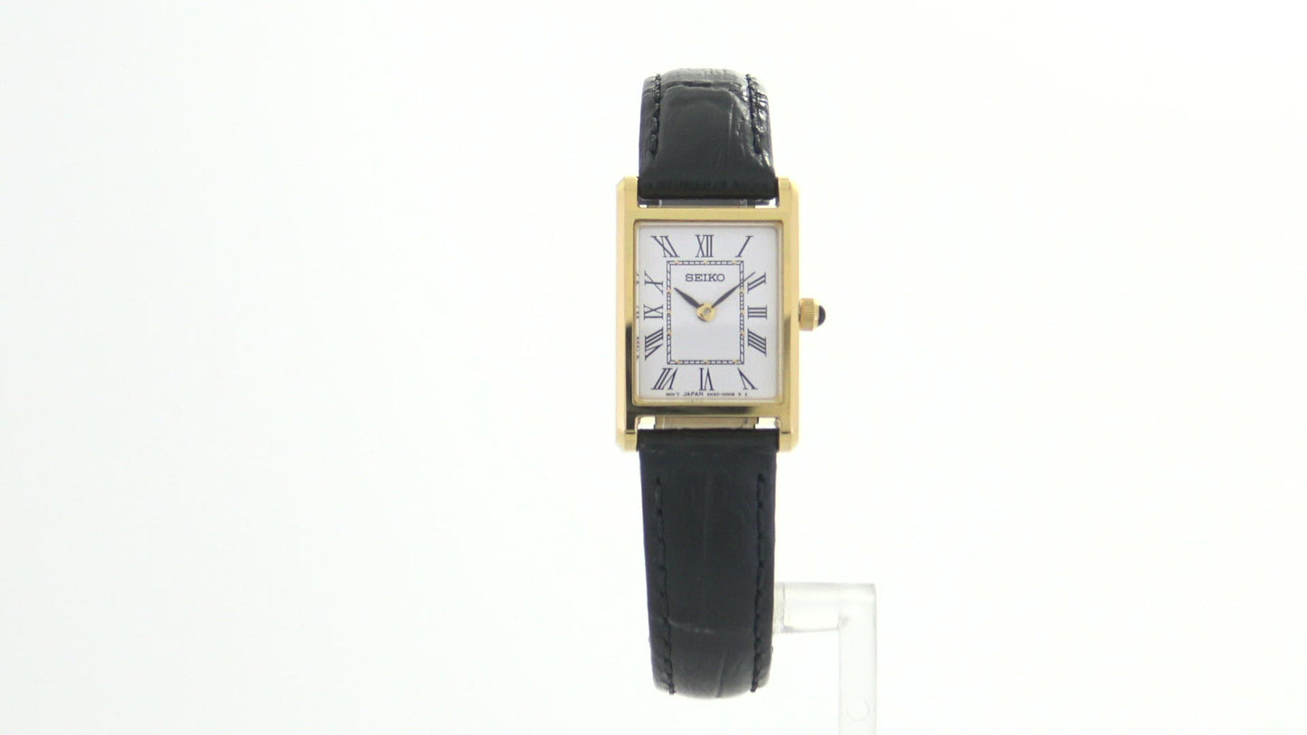 Load and play video in Gallery viewer, Seiko Square Gold Black Leather Women&amp;#39;s Watch SWR054
