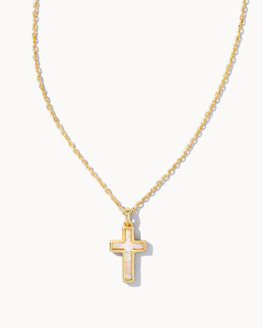 Kendra Scott CROSS PENDANT NECKLACE 9608800866 N1759GLD 19' CHAIN, 0.66'L x 0.38' W PENDANT GOLD WHITE OPAL